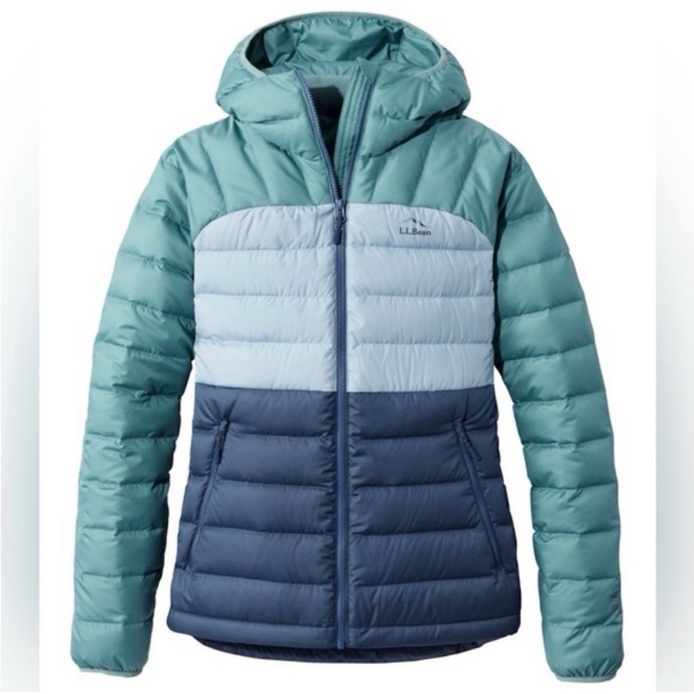 L.L. Bean Women’s Down Hooded Jacket - Colorblock Teal and Navy